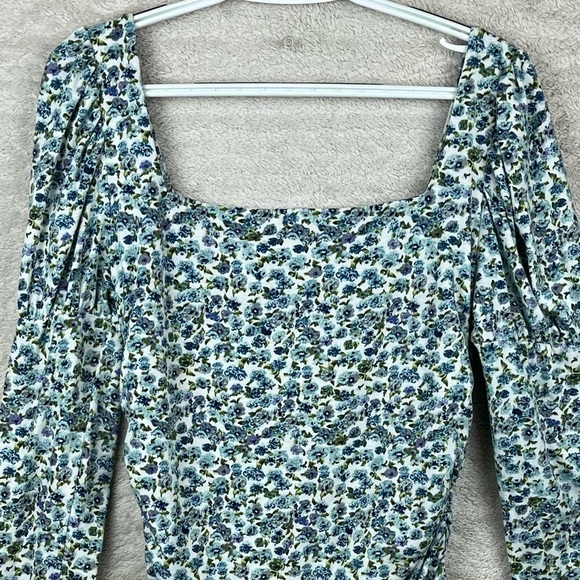 Cottagecore Floral Ruched Top Ditzy Print Puff Sleeve Large Square Neckline - Picture 9 of 15